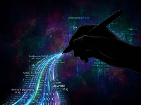 Silhouette hand writing glowing digital code creating a vibrant stream of data flow against an abstract technology background
