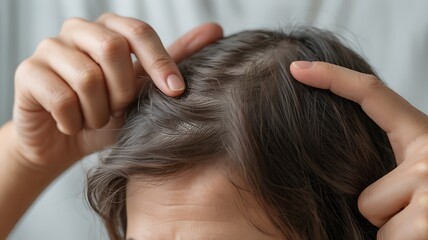 Naklejka premium A woman examining her hair for signs of hair loss or thinning at the roots closely