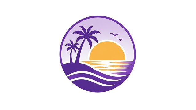 Tropical beach logo, sunset icon, purple and yellow palm tree silhouette, ocean waves
