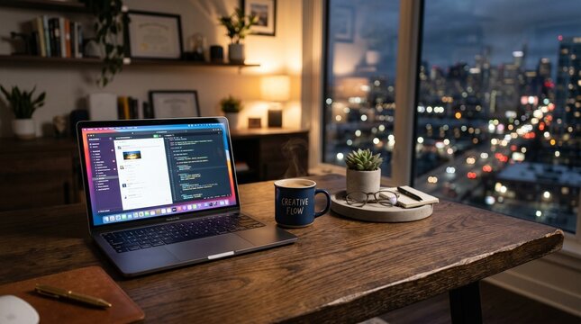 Tech workspace at night with laptop screen showing software code