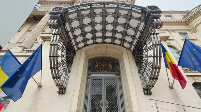 Royal Palace, National Museum of Art Entrance with Flags, Bucharest, Romania