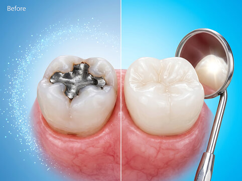 Dental tooth comparison before and after restoration with silver filling and crown