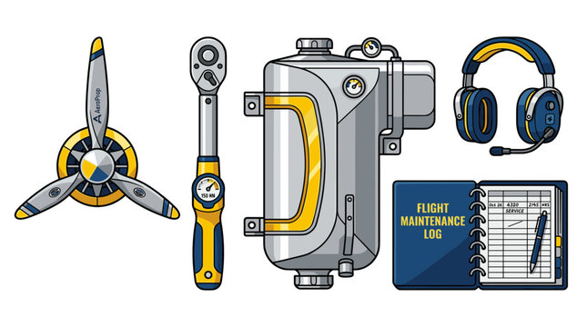A collection of aviation-related items including a propeller, torque wrench, aircraft fuel tank, headset, and flight maintenance logbook