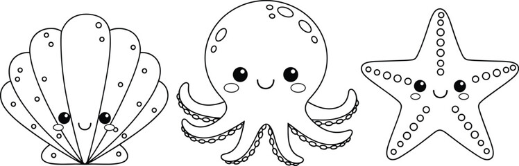 Cute sea animals line art illustration, smiling octopus starfish and seashell characters, ocean cartoon outline design for kids coloring © RIPON