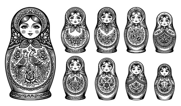 Matryoshka Doll Engraving Icons Vector Collection Russian Folk Toys