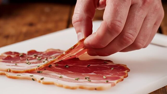 Hand picking up a thin slice of dry cured ham on white cutting board
