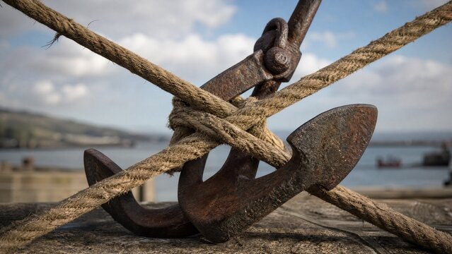 Two thick, weathered hemp ropes crossed, securing a rusted ship's anchor.