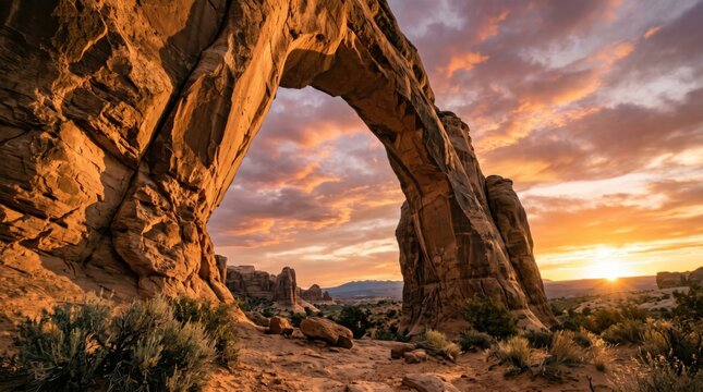 Natural sandstone arch in desert during sunset. Rock formation landscape at golden hour. Iconic geological monument in national park for travel tourism and wilderness adventure concept.