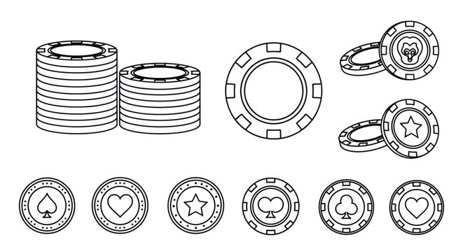 Casino chips with card suit icons and star symbols in outline style