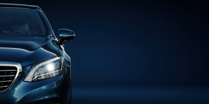 Close-up of a modern blue car's front headlight and grill on a dark background.