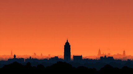 Naklejka premium Silhouette of city skyline at sunset with orange sky