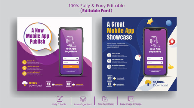 Creative Mobile Application Development Banner Ads and Social Media Templates Featuring 3D Smartphone Mockup, Tech Startup Promotion Kit, UI UX App Showcase Design Collection