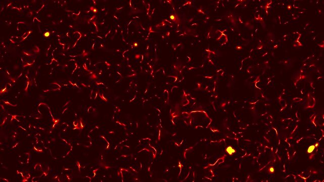 Red fire motion magma background. The fire of hell view of active volcano. Shining orange lava blasting out of the volcanic. Red hot lava rocks with waves. Aerial view of burning fire boils.