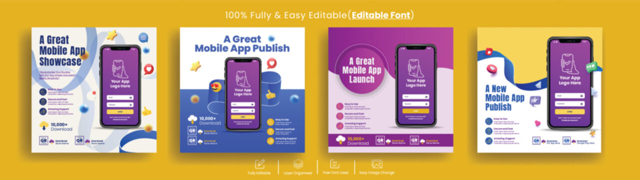 App Development Promotion Banner Ads and Social Media Templates with 3D Smartphone Illustration, Software Marketing Bundle, Mobile App Launch Design Pack