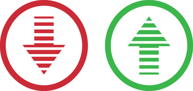 Red down and green up arrows inside circular borders for business data design