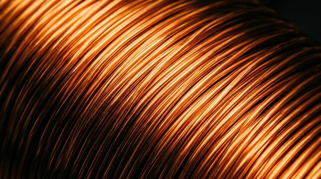 A tightly coiled copper wire with golden undertones spirals diagonally across a dark background.