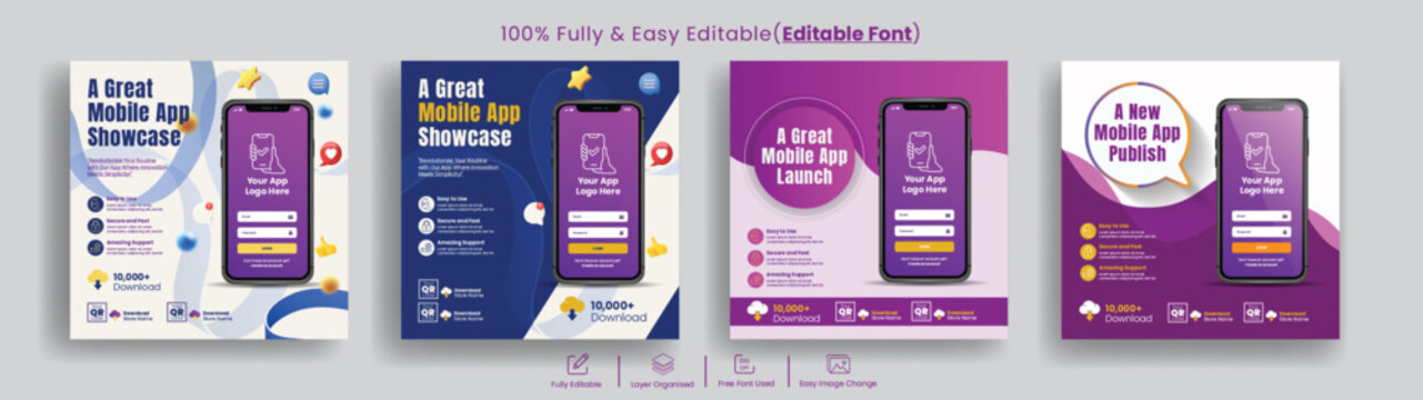 Mobile app launch promotion social media post collection with creative UI design, 3D smartphone showcase, digital marketing banners, startup promo templates and software advertising bundle set