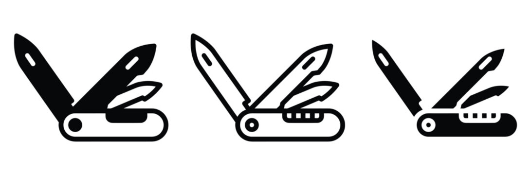 Multitool pocket knife icon set with three different styles for design and editorial use
