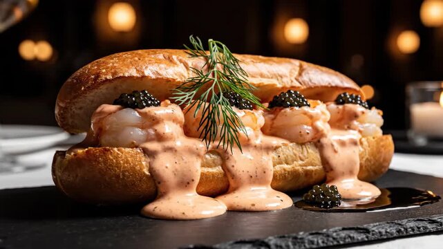 Gourmet lobster roll with dill and caviar at candlelit dinner