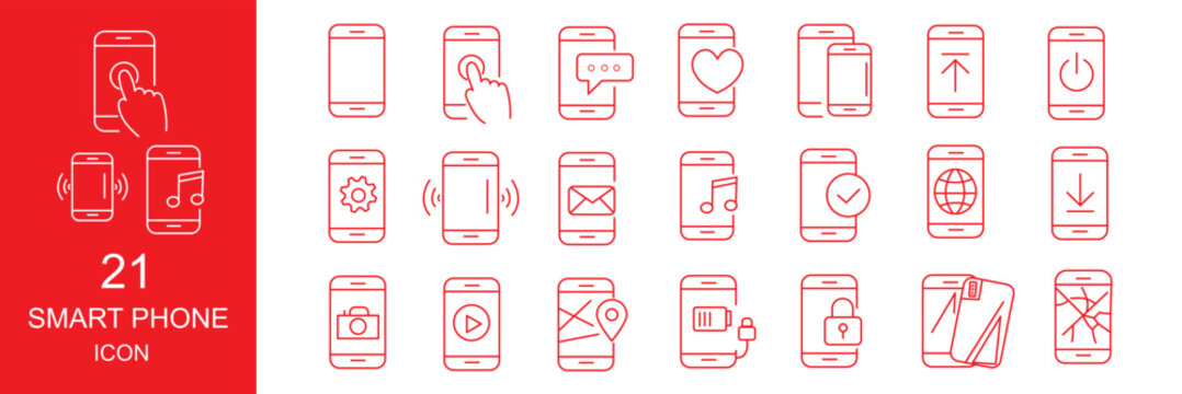 Minimalist Smartphone outline icons set with editable stroke. featuring icons of various Smartphone function and notifications. thin linear illustration.
