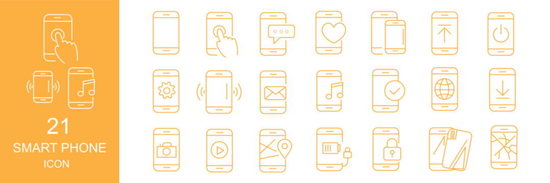 Minimalist Smartphone outline icons set with editable stroke. featuring icons of various Smartphone function and notifications. thin linear illustration.