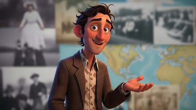 Businessman explains a project while standing in front of a map and historical photographs.
