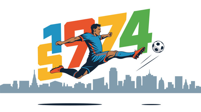 An energetic athlete performs a powerful soccer kick alongside the bold numbers nineteen seventy four and a distant urban city skyline view.