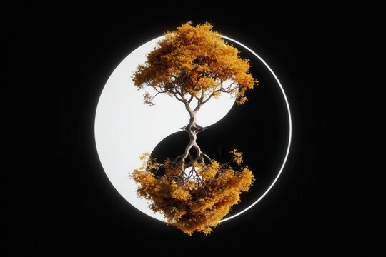 Golden Autumn Tree and Roots Forming Yin Yang Symbol on Black and White Background