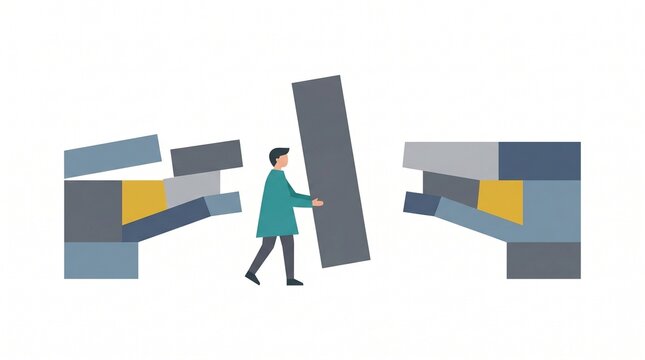 Minimalist flat vector illustration of a man placing a large block to bridge a gap between two structures, representing the concept of problem solving and finding the missing piece