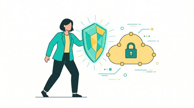 Flat vector illustration of a businesswoman holding a protective shield to defend a secure cloud with a padlock, representing cyber security professionals