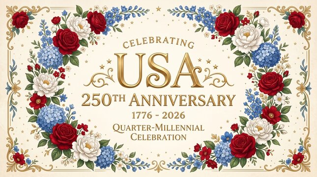 A festive and elegant commemorative graphic celebrating the United States 250th anniversary, featuring ornate floral borders of red roses, white peonies, and blue hydrangea blossoms.
