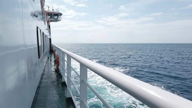 Cruise Ship Deck View with Railing Overlooking Open Blue Ocean