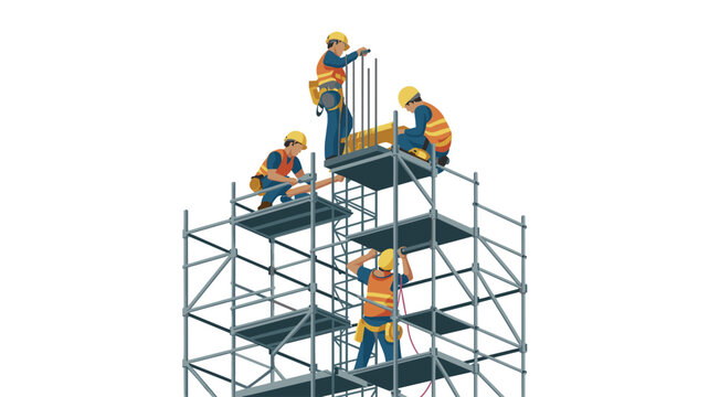 Four construction workers in orange vests and yellow hard hats navigate a multi-level steel scaffolding structure during a bright day.