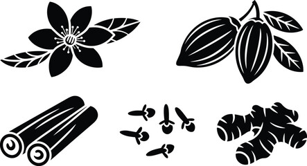 Black and white icons of spices and cocoa pods flower leaves © QueenMomtaz 