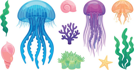 Underwater Jellyfish and Sea Life Vector Element Set with Colorful Coral Reef, Seaweed, Starfish, and Seashells for Marine Design Layouts © Siddika