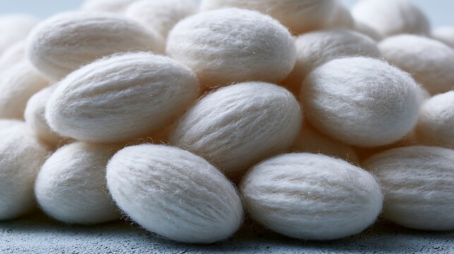 Close-up of a pile of white natural silkworm cocoons used for silk production