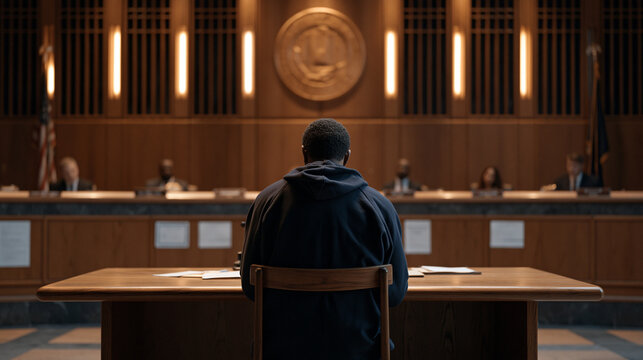 Parole board hearing room with inmate in civilian clothes seated across from five board members at elevated panel desk with rehabilitation certificates personal letters and