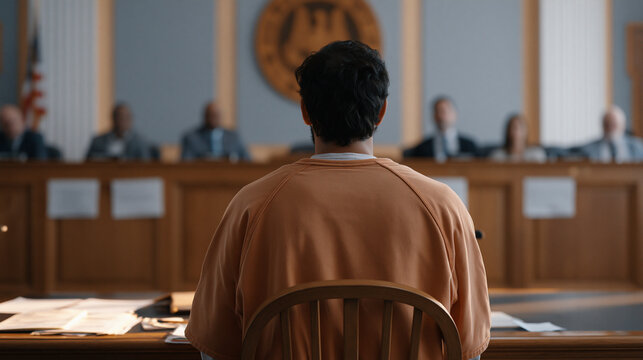 Parole board hearing room with inmate in civilian clothes seated across from five board members at elevated panel desk with rehabilitation certificates personal letters and