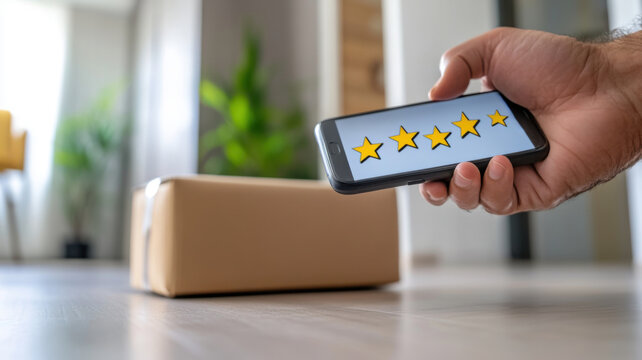 Customer hand holding smartphone above package with delivery feedback and 5-star rating in minimalist hallway