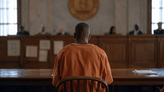 Parole board hearing room with inmate in civilian clothes seated across from five board members at elevated panel desk with rehabilitation certificates personal letters and