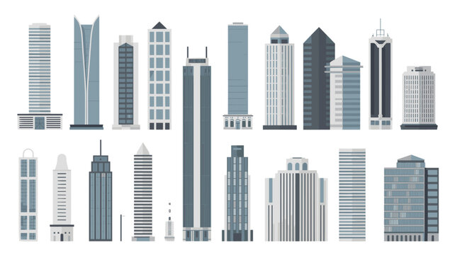 A comprehensive collection of various isolated skyscraper designs showcases distinct architectural styles and window patterns on white now.