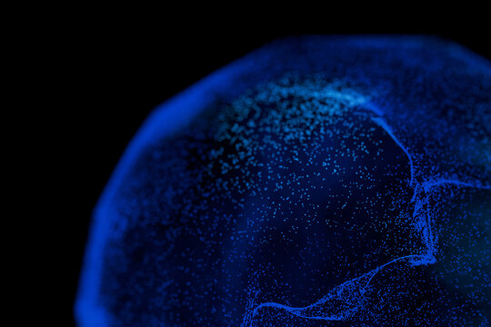 Abstract 3D rendering of a spherical cell or particle made from glowing blue digital dots and data filaments, isolated on a black background, representing science, technology, and information.