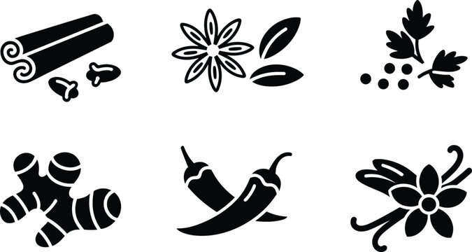 Icons of spices and herbs including cinnamon cloves star anise ginger chilies and vanilla Keywords: spices, herbs, ingredients, cooking, food, flavor, aroma, cinnamon