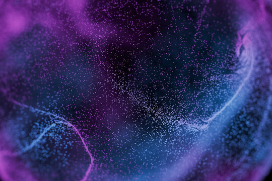 Abstract background of glowing purple and blue digital particles forming waves and clouds, ideal for high-tech concepts, artificial intelligence, big data, and futuristic designs.