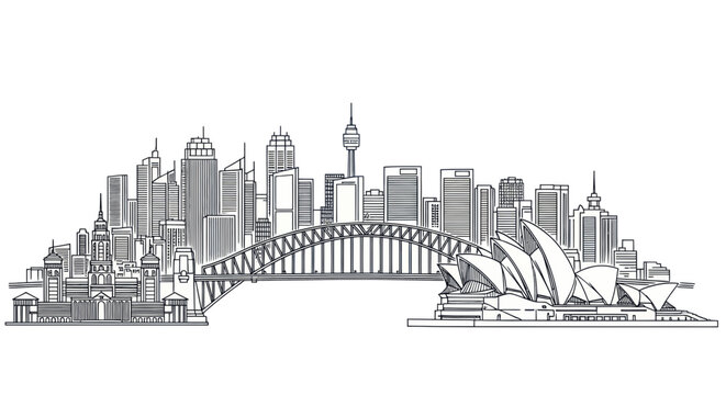 Sydney australia city skyline with bridge and opera house sketch