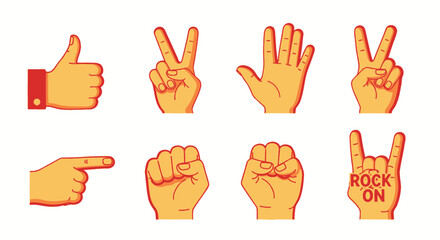 Fototapeta premium Pop art hand gesture collection with thumbs up peace and rock signs
