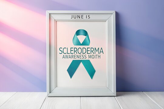 Scleroderma awareness month sign in frame on purple background with scleroderma