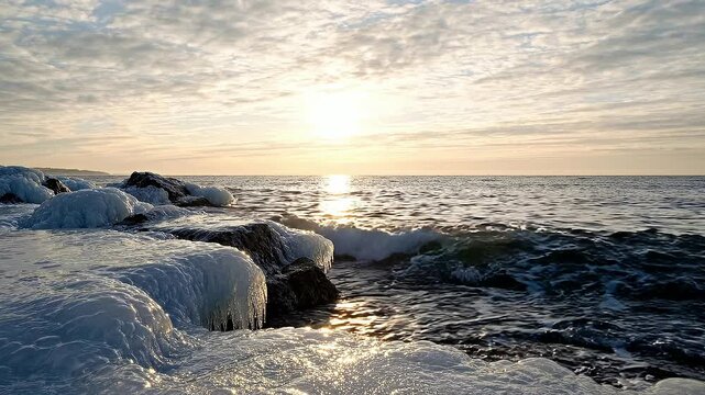 Golden Sunrise Over Icy Rocks and Frozen Sea Coastline in Winter