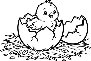 Baby chick hatching from egg coloring page for kids and toddlers activity © ABU