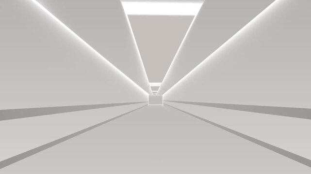 Minimal Corridor Geometric Ceiling Glowing Lights, Clean Architectural Lines, Endless Symmetrical Perspective, Soft Ambient Illumination, Modern Interior Design Background Loop Animation.